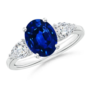 9x7mm AAAA Oval Blue Sapphire Three Stone Ring with Pear Diamonds in P950 Platinum