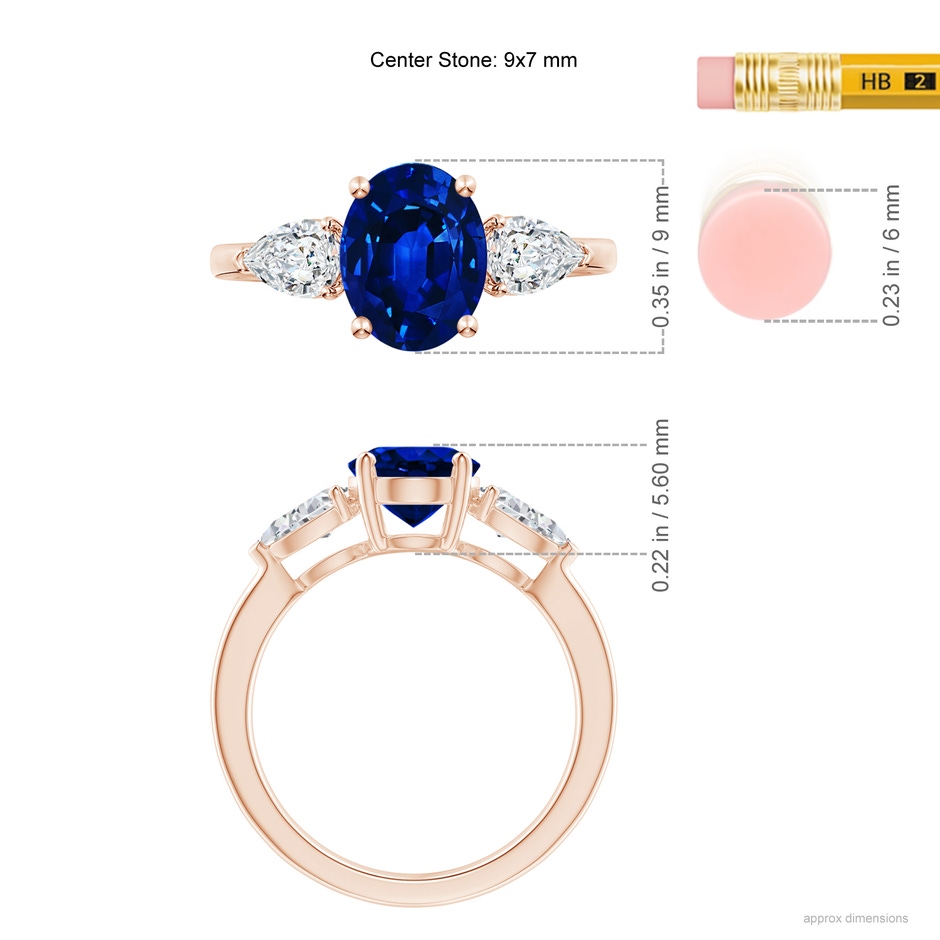 9x7mm AAAA Oval Blue Sapphire Three Stone Ring with Pear Diamonds in Rose Gold ruler