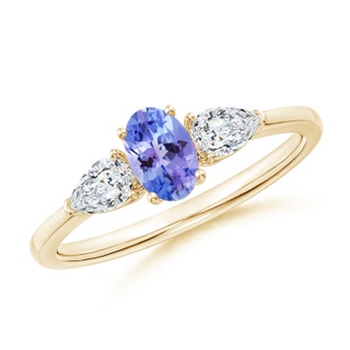 6x4mm AAA Oval Tanzanite Three Stone Ring with Pear Diamonds in 9K Yellow Gold