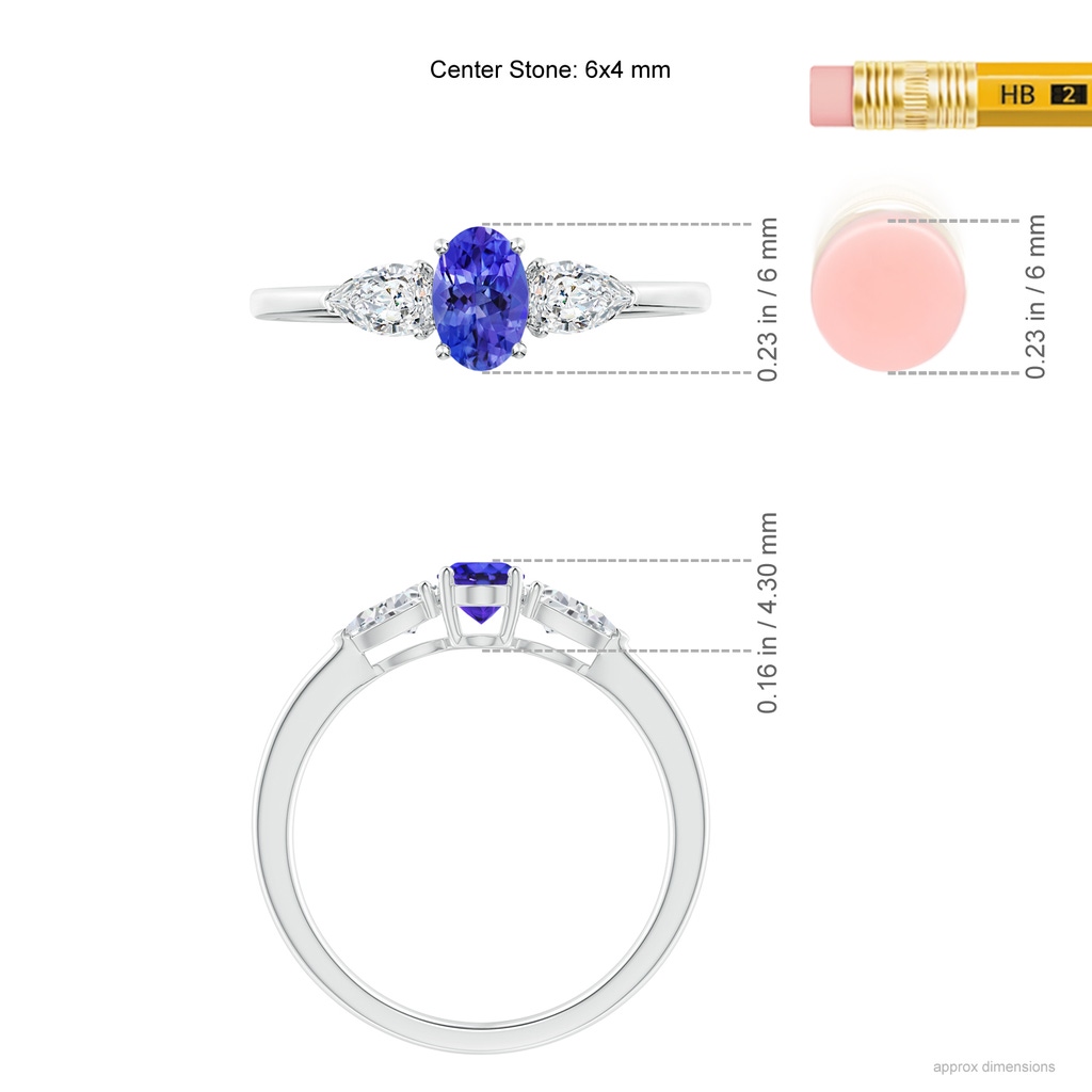 6x4mm AAAA Oval Tanzanite Three Stone Ring with Pear Diamonds in P950 Platinum Ruler