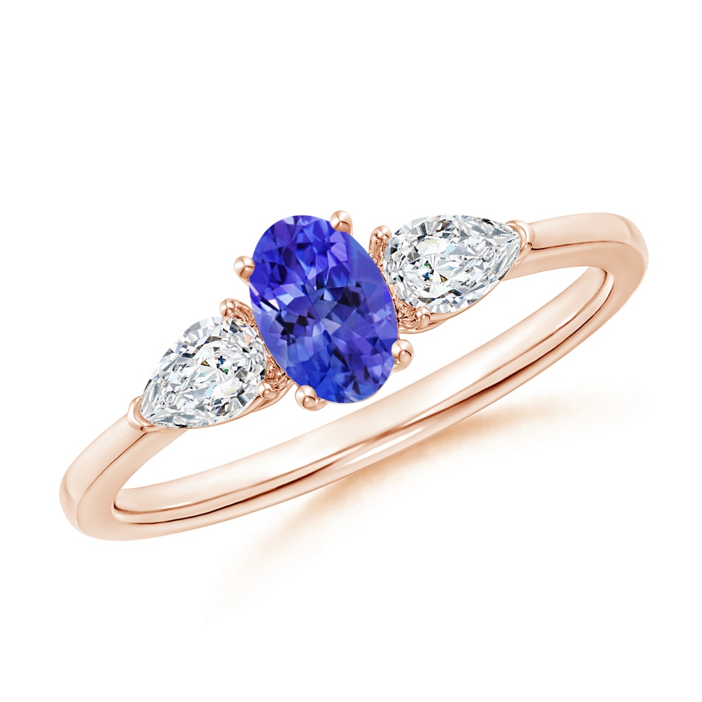 6x4mm AAAA Oval Tanzanite Three Stone Ring with Pear Diamonds in Rose Gold