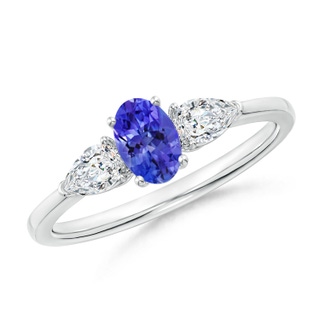 6x4mm AAAA Oval Tanzanite Three Stone Ring with Pear Diamonds in White Gold