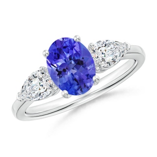 8x6mm AAA Oval Tanzanite Three Stone Ring with Pear Diamonds in White Gold