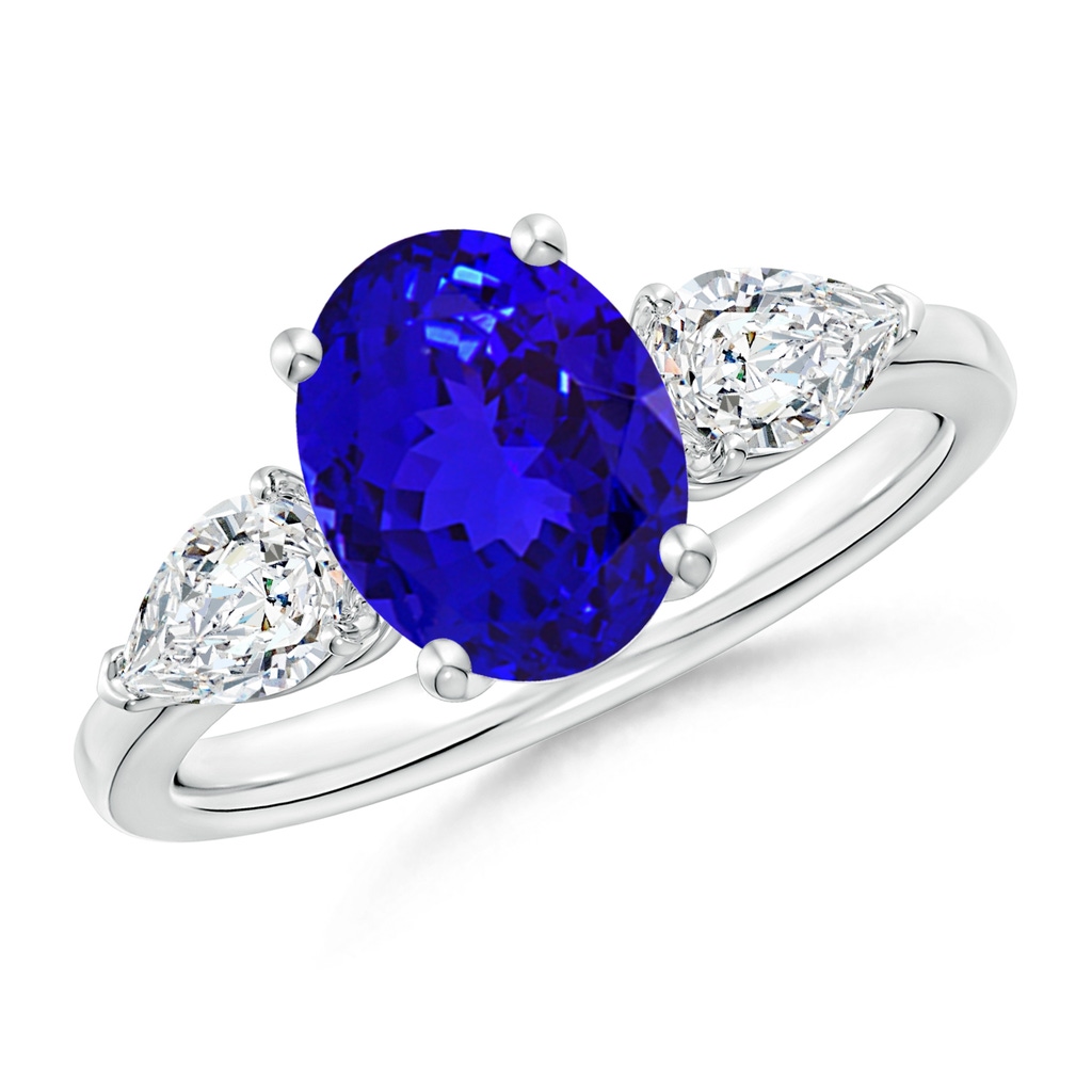 9x7mm AAAA Oval Tanzanite Three Stone Ring with Pear Diamonds in White Gold