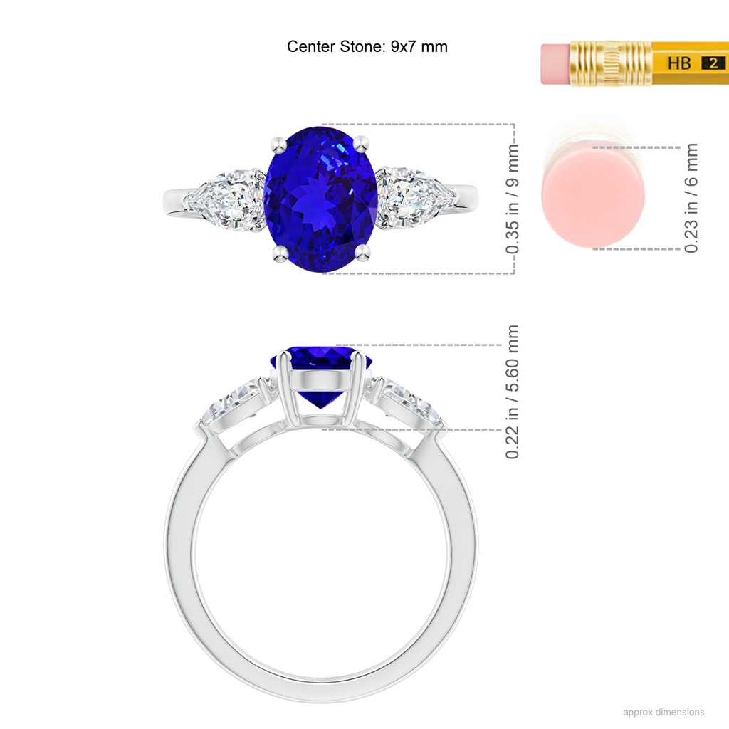 9x7mm AAAA Oval Tanzanite Three Stone Ring with Pear Diamonds in White Gold Ruler