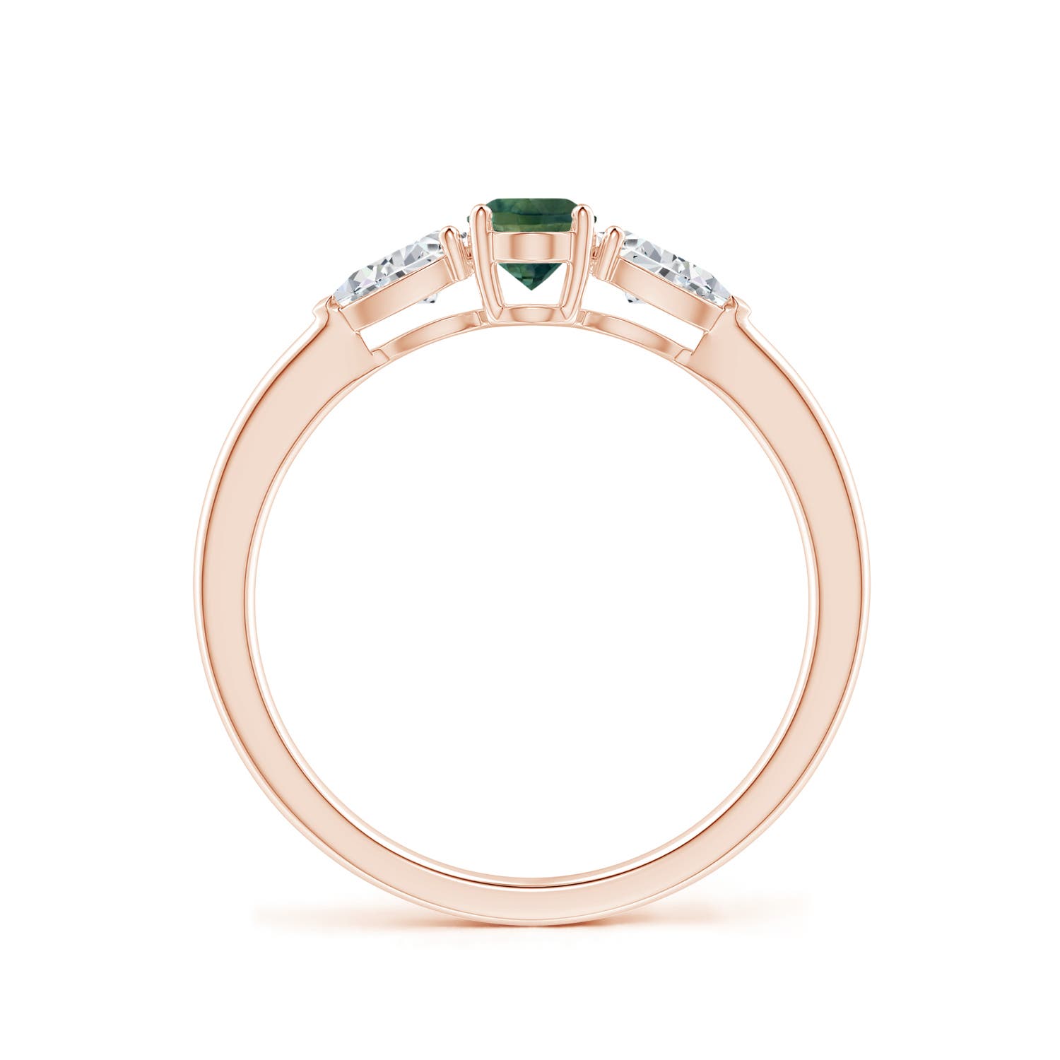 6x4mm AA Oval Teal Montana Sapphire Three Stone Ring with Pear Diamonds in Rose Gold