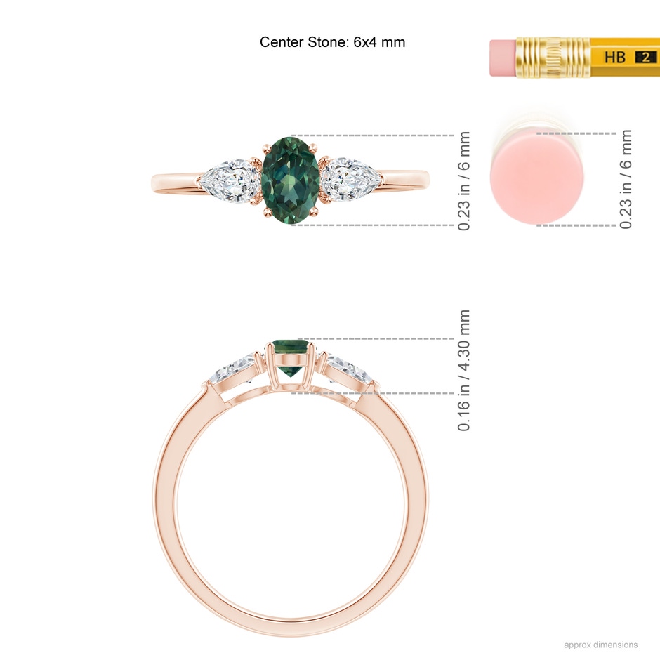 6x4mm AA Oval Teal Montana Sapphire Three Stone Ring with Pear Diamonds in Rose Gold ruler