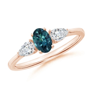 6x4mm AAA Oval Teal Montana Sapphire Three Stone Ring with Pear Diamonds in 10K Rose Gold