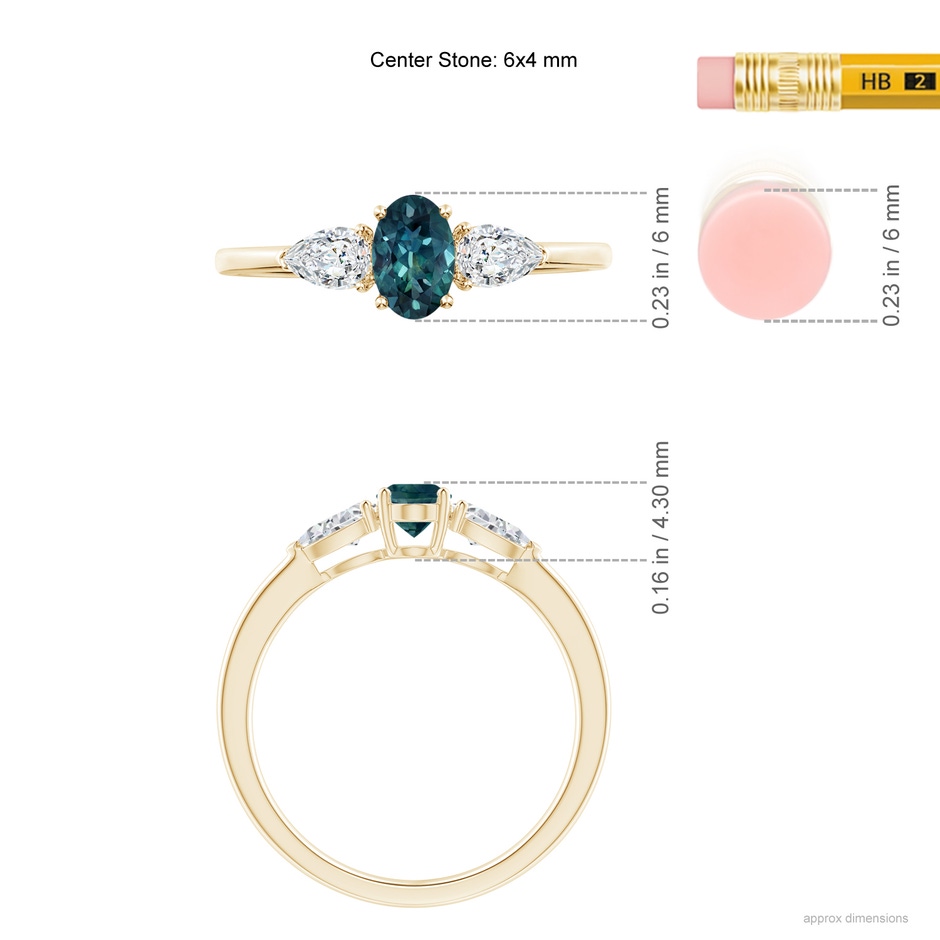 6x4mm AAA Oval Teal Montana Sapphire Three Stone Ring with Pear Diamonds in 9K Yellow Gold ruler