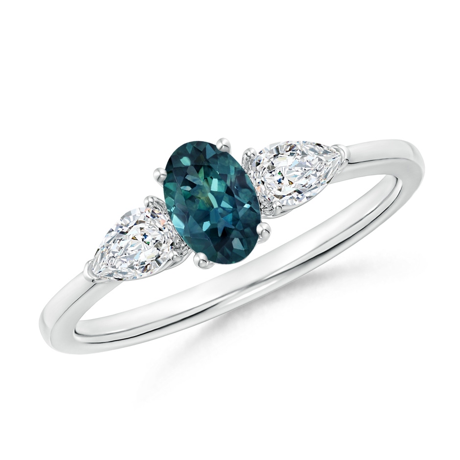 6x4mm AAA Oval Teal Montana Sapphire Three Stone Ring with Pear Diamonds in White Gold 