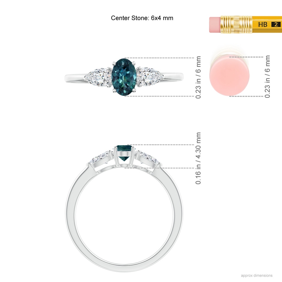 6x4mm AAA Oval Teal Montana Sapphire Three Stone Ring with Pear Diamonds in White Gold ruler
