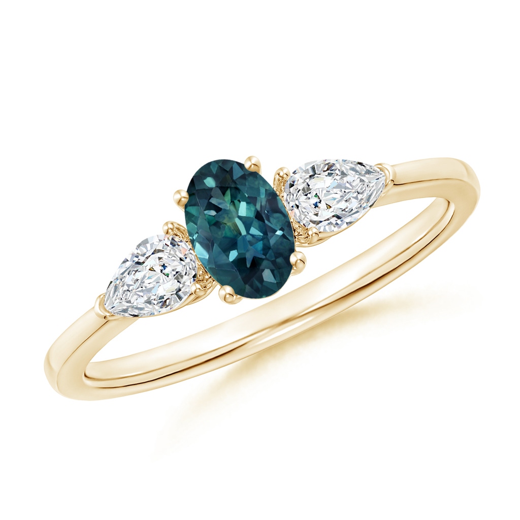6x4mm AAA Oval Teal Montana Sapphire Three Stone Ring with Pear Diamonds in Yellow Gold