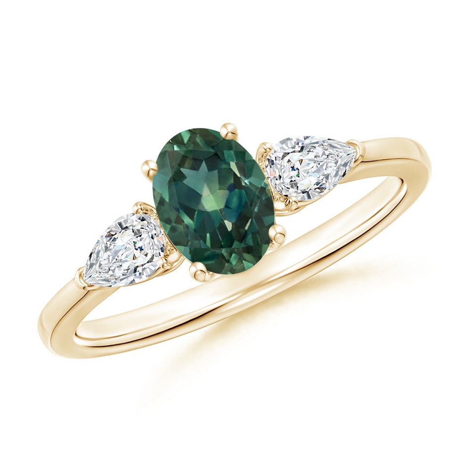 7x5mm AA Oval Teal Montana Sapphire Three Stone Ring with Pear Diamonds in Yellow Gold 