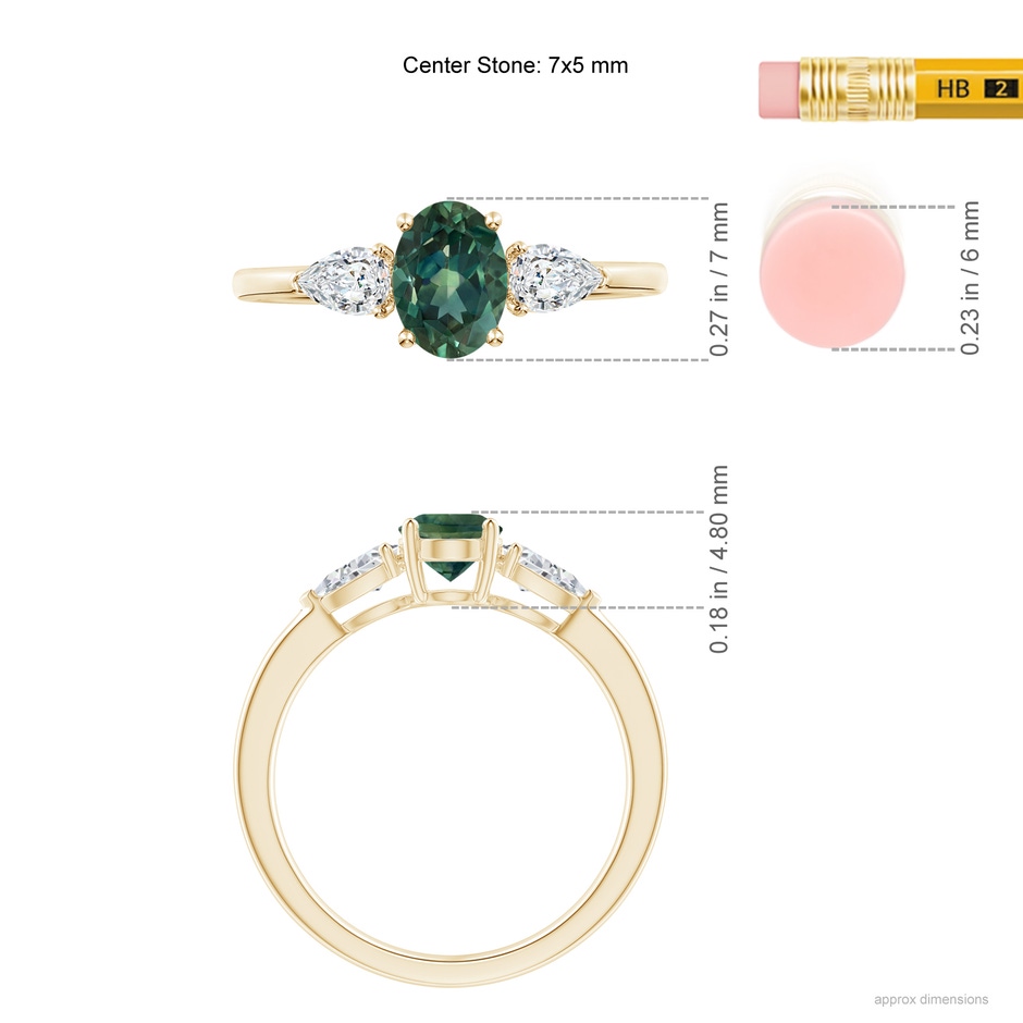 7x5mm AA Oval Teal Montana Sapphire Three Stone Ring with Pear Diamonds in Yellow Gold ruler