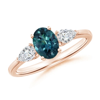 7x5mm AAA Oval Teal Montana Sapphire Three Stone Ring with Pear Diamonds in Rose Gold