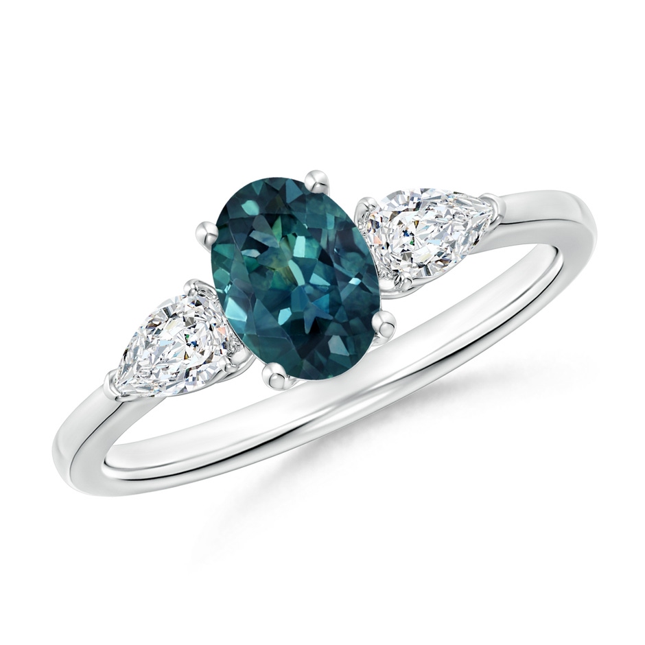 7x5mm AAA Oval Teal Montana Sapphire Three Stone Ring with Pear Diamonds in White Gold 