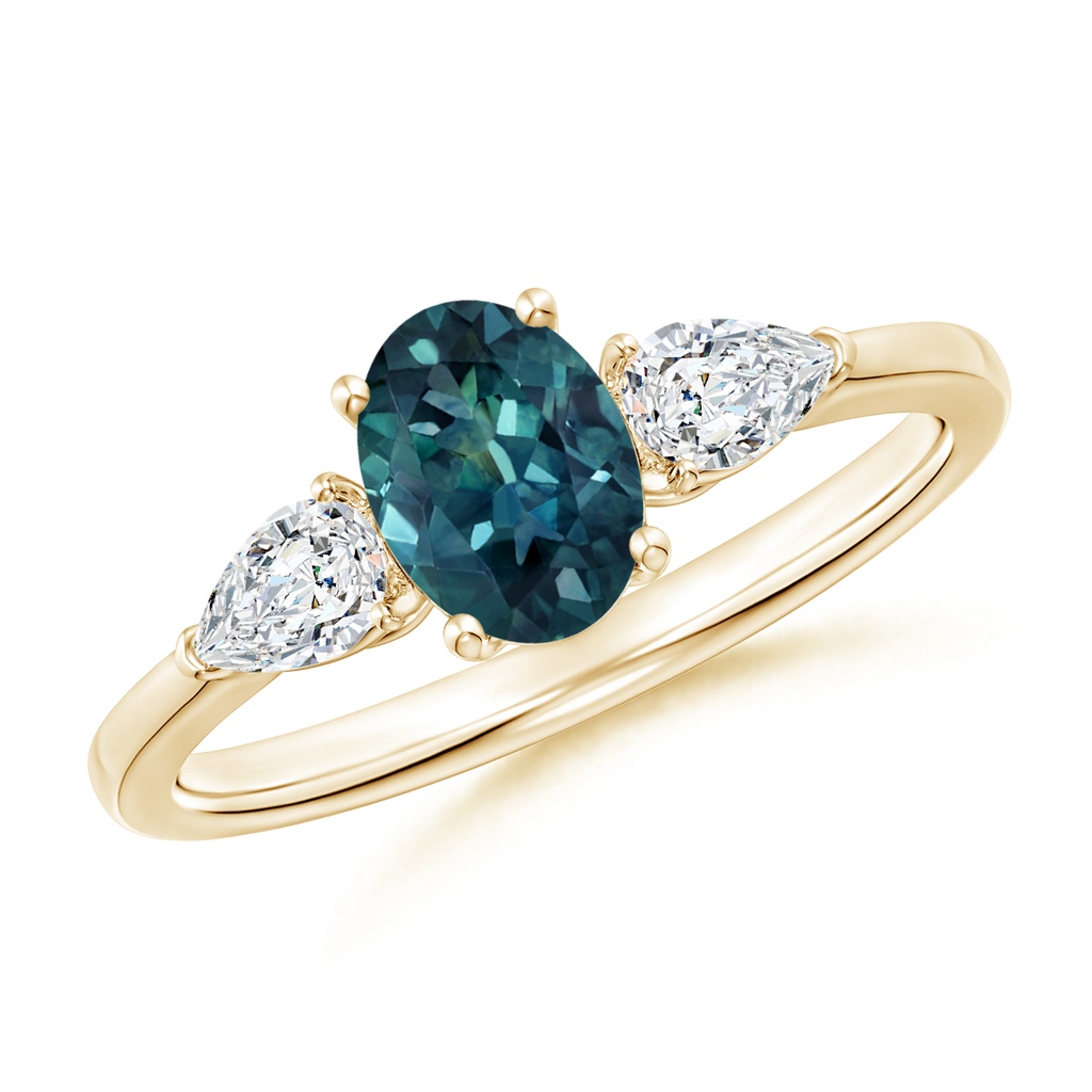 7x5mm AAA Oval Teal Montana Sapphire Three Stone Ring with Pear Diamonds in Yellow Gold