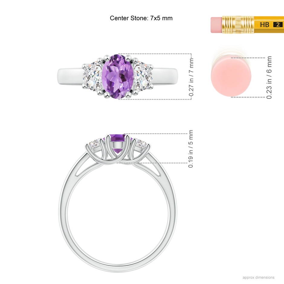 7x5mm A Three Stone Oval Amethyst and Half Moon Diamond Ring in White Gold ruler