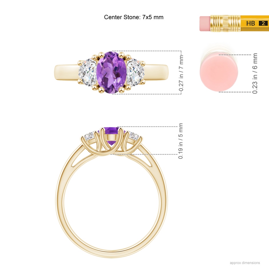 7x5mm AA Three Stone Oval Amethyst and Half Moon Diamond Ring in Yellow Gold ruler