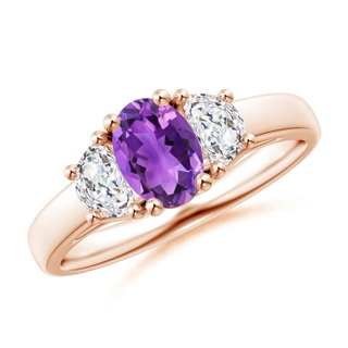 7x5mm AAA Three Stone Oval Amethyst and Half Moon Diamond Ring in Rose Gold
