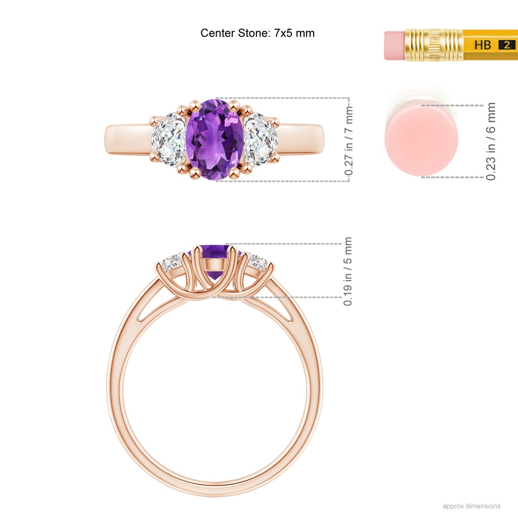 7x5mm AAA Three Stone Oval Amethyst and Half Moon Diamond Ring in Rose Gold Ruler