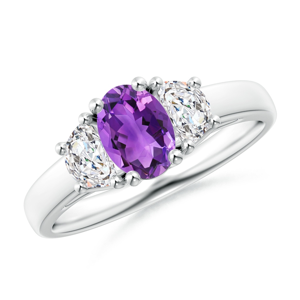 7x5mm AAA Three Stone Oval Amethyst and Half Moon Diamond Ring in White Gold