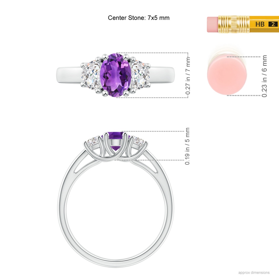 7x5mm AAA Three Stone Oval Amethyst and Half Moon Diamond Ring in White Gold ruler