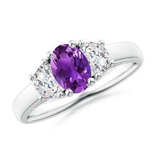 7x5mm AAAA Three Stone Oval Amethyst and Half Moon Diamond Ring in 9K White Gold