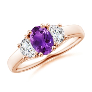 7x5mm AAAA Three Stone Oval Amethyst and Half Moon Diamond Ring in Rose Gold