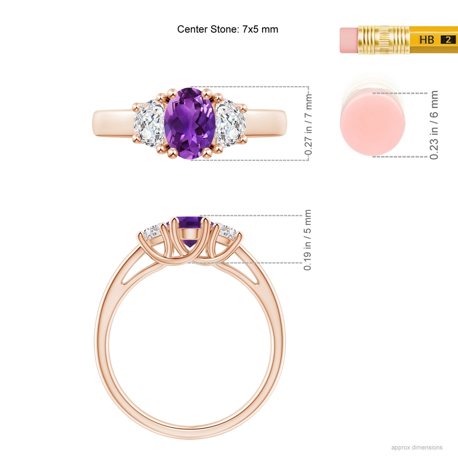 7x5mm AAAA Three Stone Oval Amethyst and Half Moon Diamond Ring in Rose Gold ruler