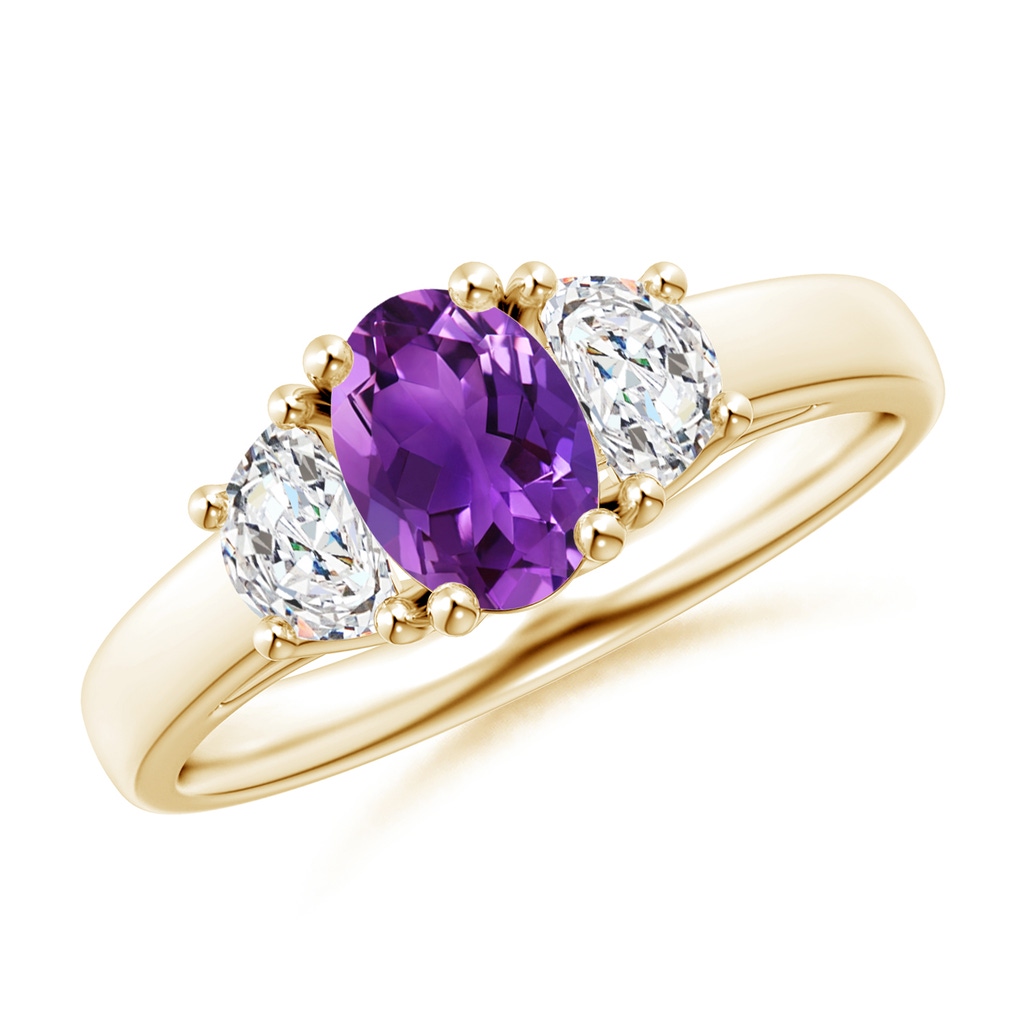 7x5mm AAAA Three Stone Oval Amethyst and Half Moon Diamond Ring in Yellow Gold