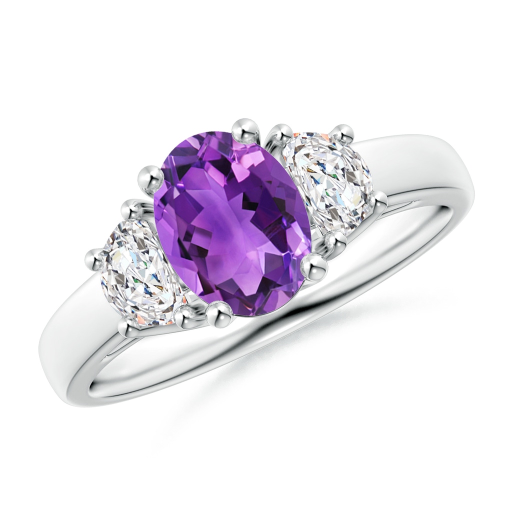 8x6mm AAA Three Stone Oval Amethyst and Half Moon Diamond Ring in White Gold 