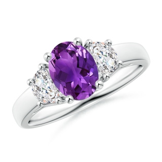 8x6mm AAAA Three Stone Oval Amethyst and Half Moon Diamond Ring in P950 Platinum