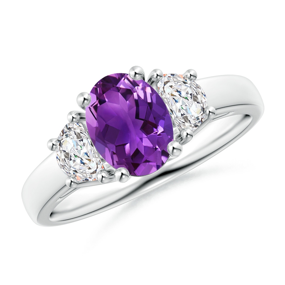 8x6mm AAAA Three Stone Oval Amethyst and Half Moon Diamond Ring in White Gold 