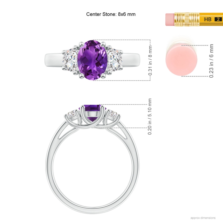 8x6mm AAAA Three Stone Oval Amethyst and Half Moon Diamond Ring in White Gold ruler