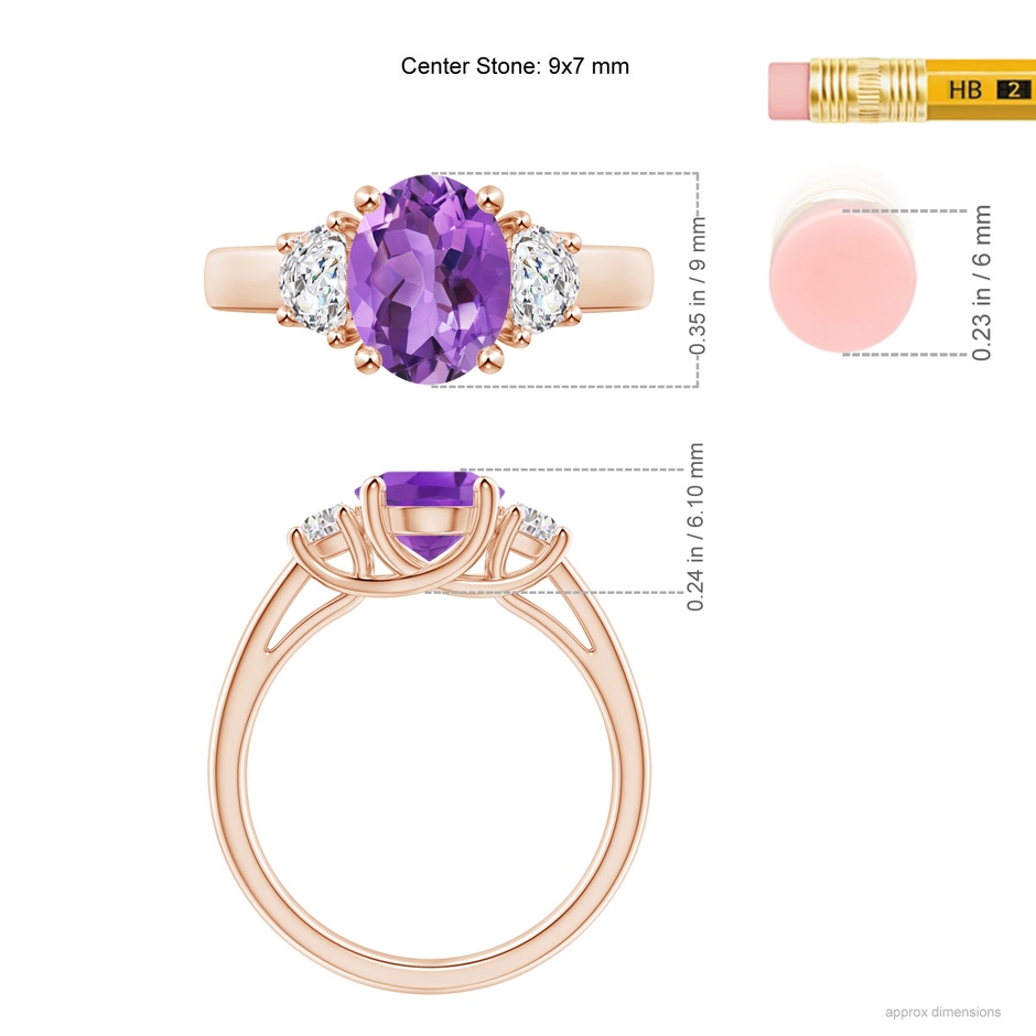 9x7mm AA Three Stone Oval Amethyst and Half Moon Diamond Ring in Rose Gold ruler