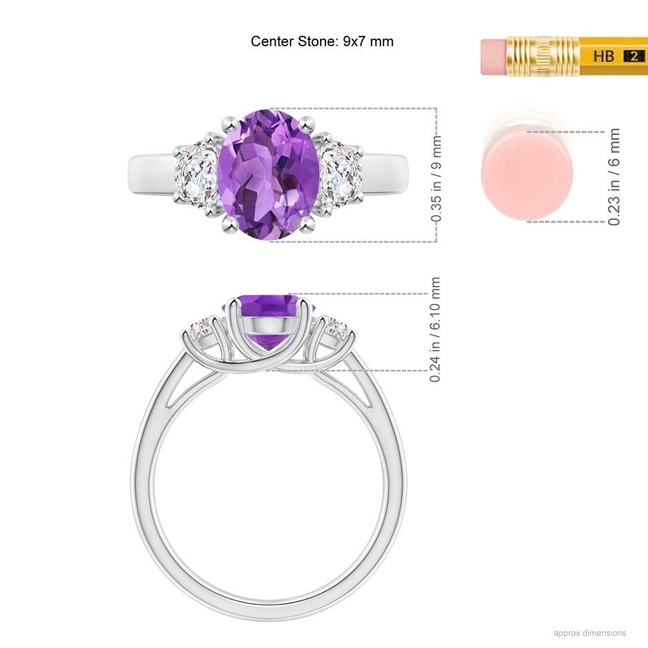 9x7mm AA Three Stone Oval Amethyst and Half Moon Diamond Ring in White Gold ruler