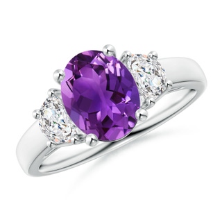 9x7mm AAAA Three Stone Oval Amethyst and Half Moon Diamond Ring in P950 Platinum