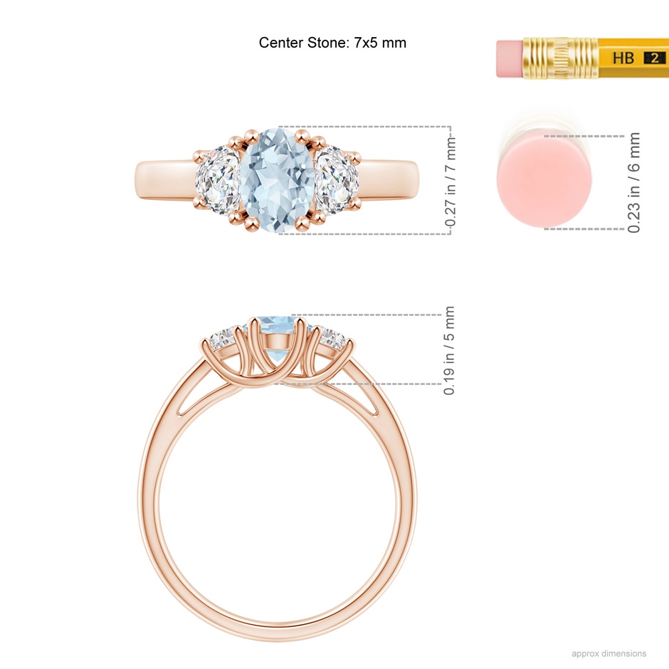 7x5mm A Three Stone Oval Aquamarine and Half Moon Diamond Ring in Rose Gold ruler