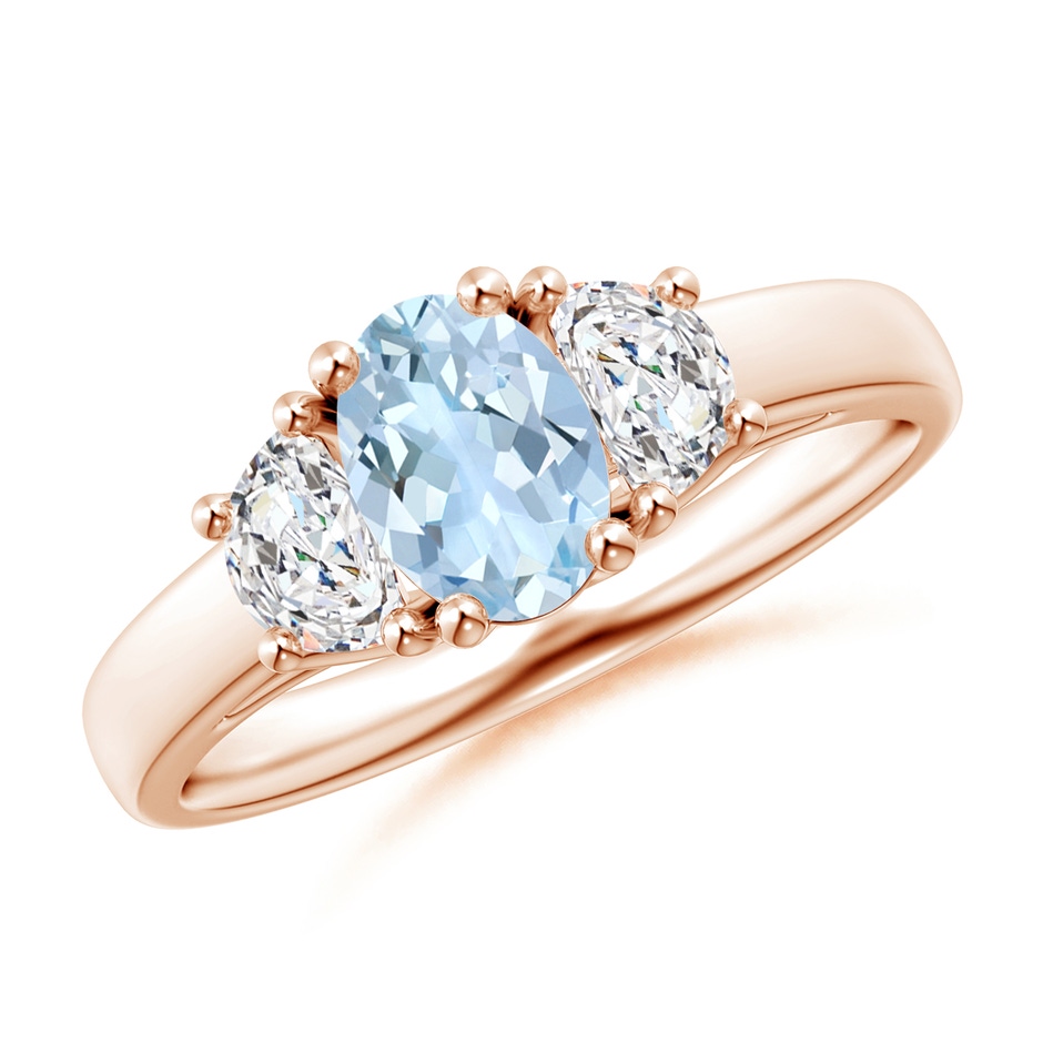 7x5mm AA Three Stone Oval Aquamarine and Half Moon Diamond Ring in Rose Gold 