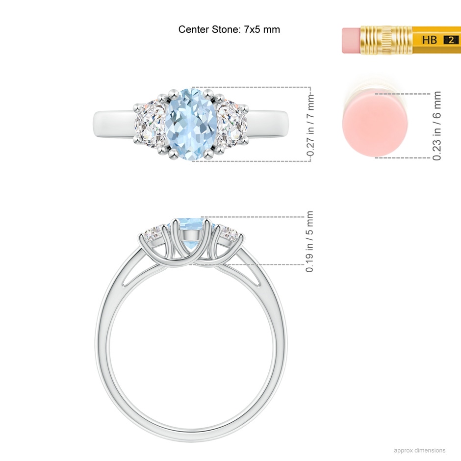 7x5mm AA Three Stone Oval Aquamarine and Half Moon Diamond Ring in White Gold ruler
