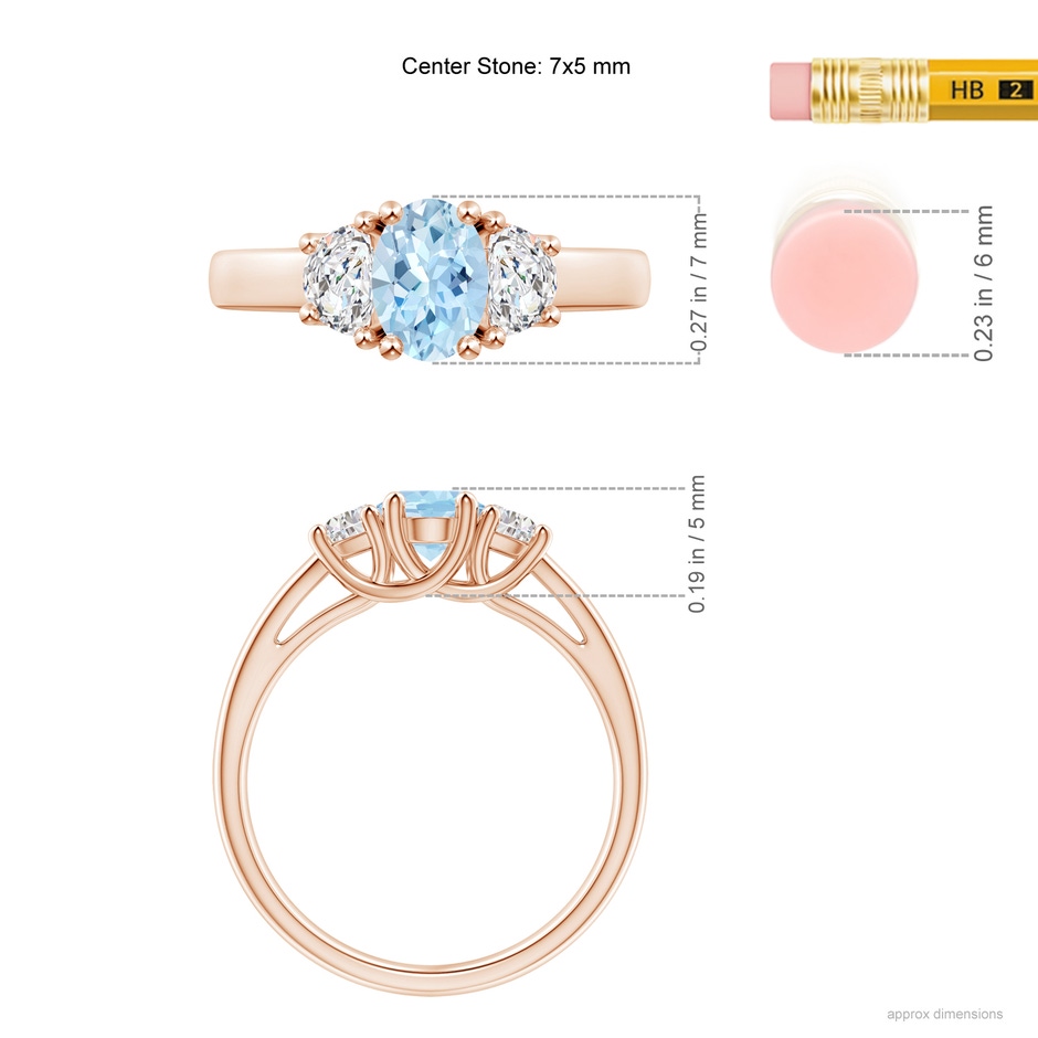 7x5mm AAA Three Stone Oval Aquamarine and Half Moon Diamond Ring in Rose Gold ruler