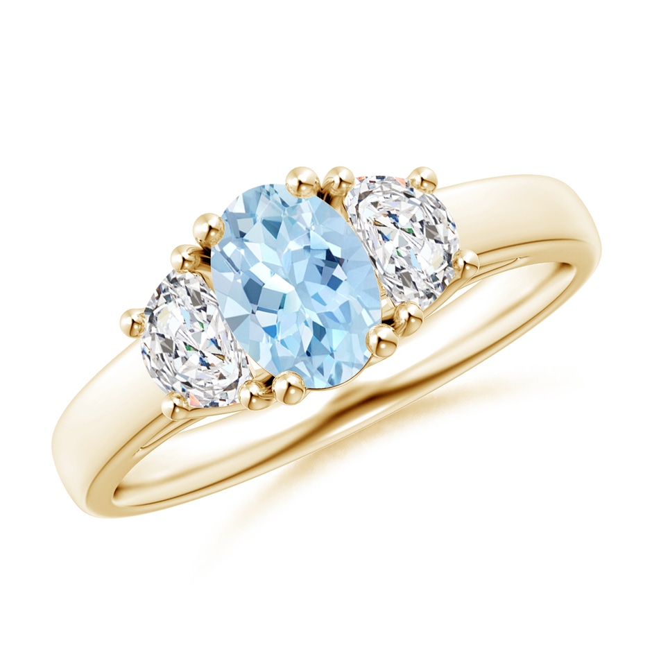 7x5mm AAA Three Stone Oval Aquamarine and Half Moon Diamond Ring in Yellow Gold 