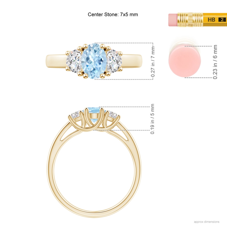 7x5mm AAA Three Stone Oval Aquamarine and Half Moon Diamond Ring in Yellow Gold ruler