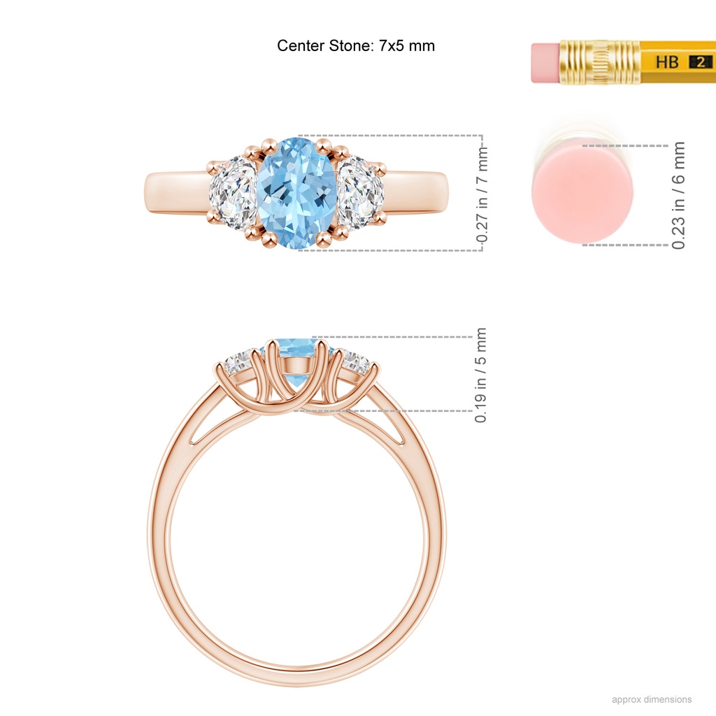 7x5mm AAAA Three Stone Oval Aquamarine and Half Moon Diamond Ring in Rose Gold Ruler