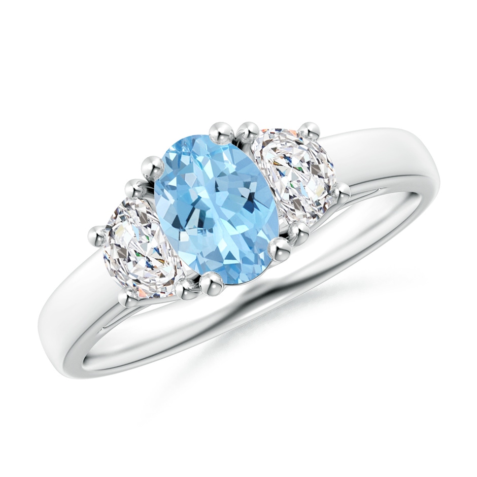 7x5mm AAAA Three Stone Oval Aquamarine and Half Moon Diamond Ring in White Gold 