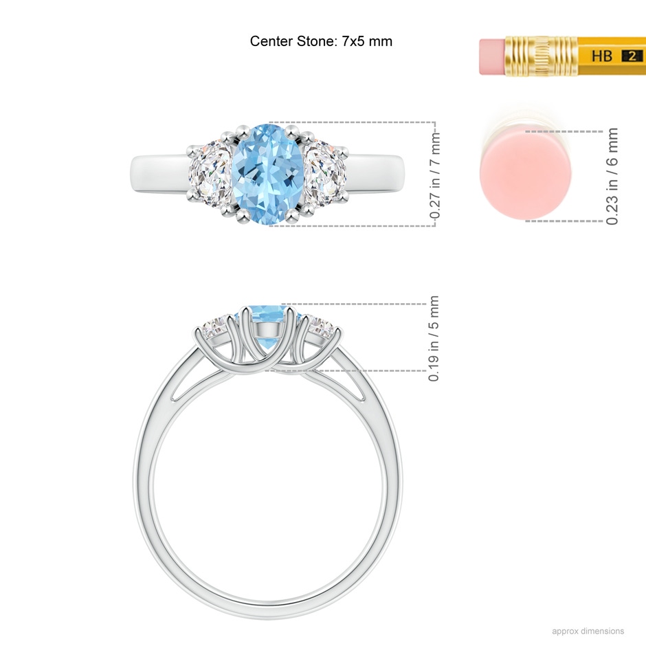 7x5mm AAAA Three Stone Oval Aquamarine and Half Moon Diamond Ring in White Gold ruler