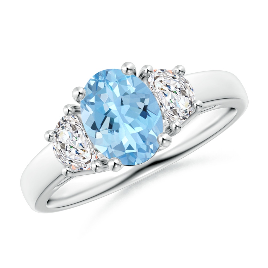 8x6mm AAAA Three Stone Oval Aquamarine and Half Moon Diamond Ring in P950 Platinum 