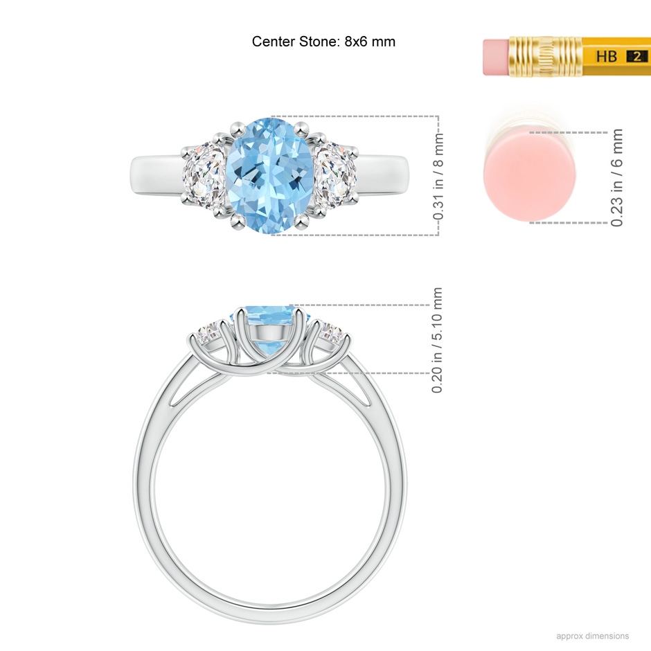 8x6mm AAAA Three Stone Oval Aquamarine and Half Moon Diamond Ring in P950 Platinum ruler