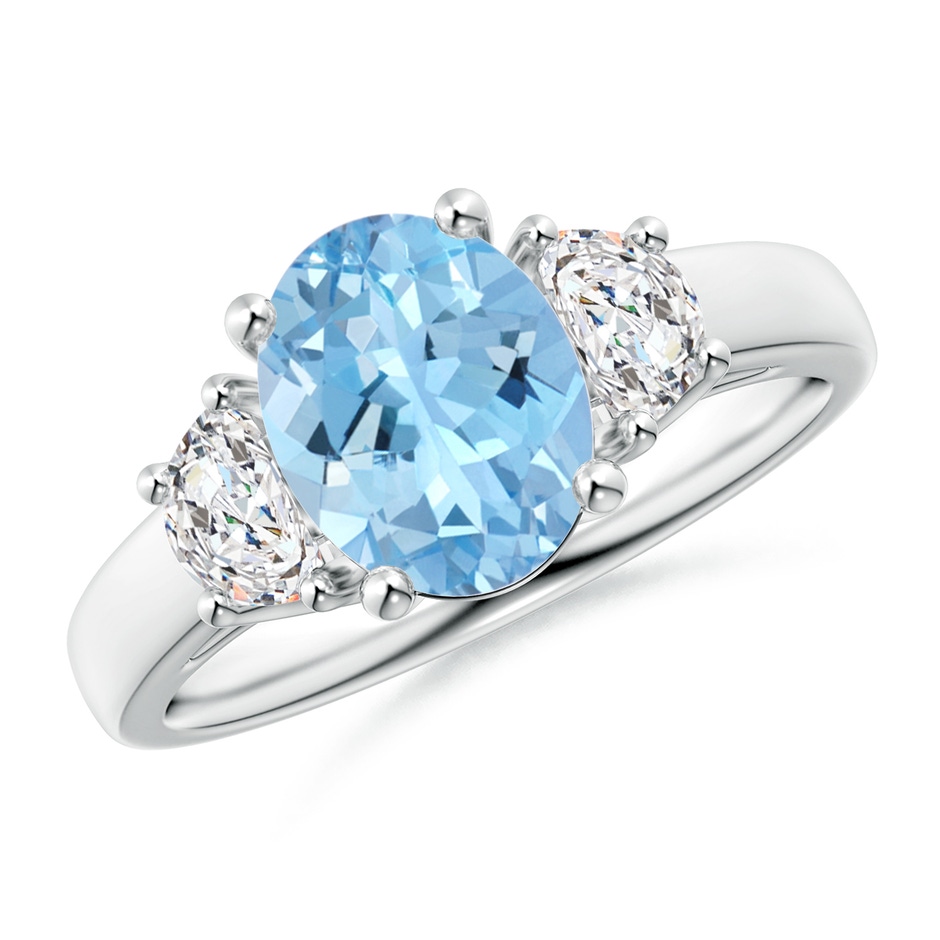 9x7mm AAAA Three Stone Oval Aquamarine and Half Moon Diamond Ring in P950 Platinum 